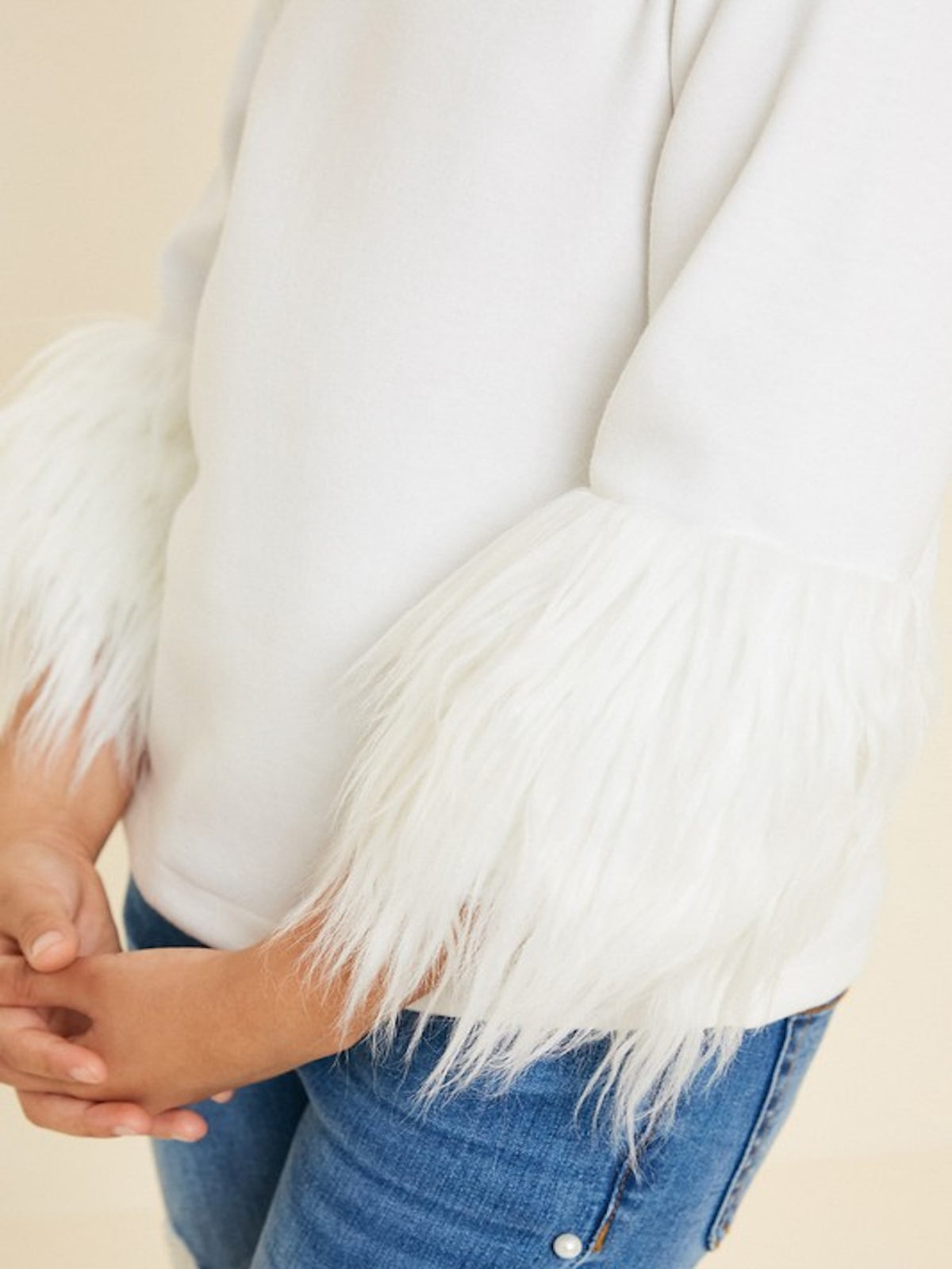 Girls Fur Sleeve Top in Off White
