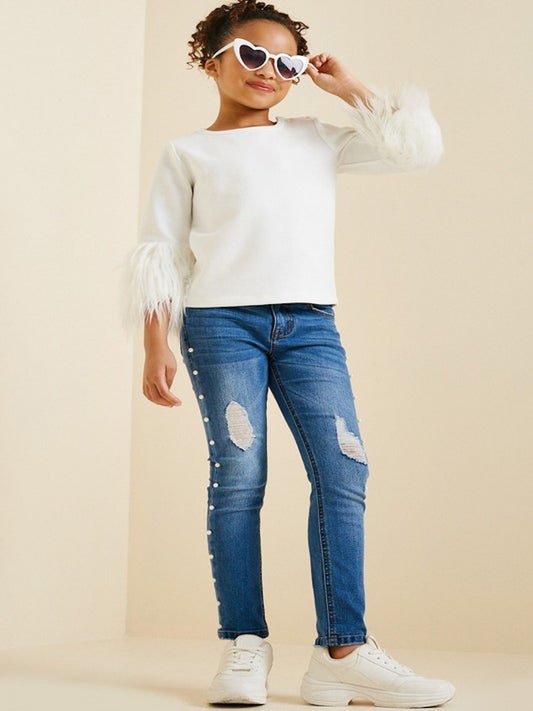 Girls Fur Sleeve Top in Off White
