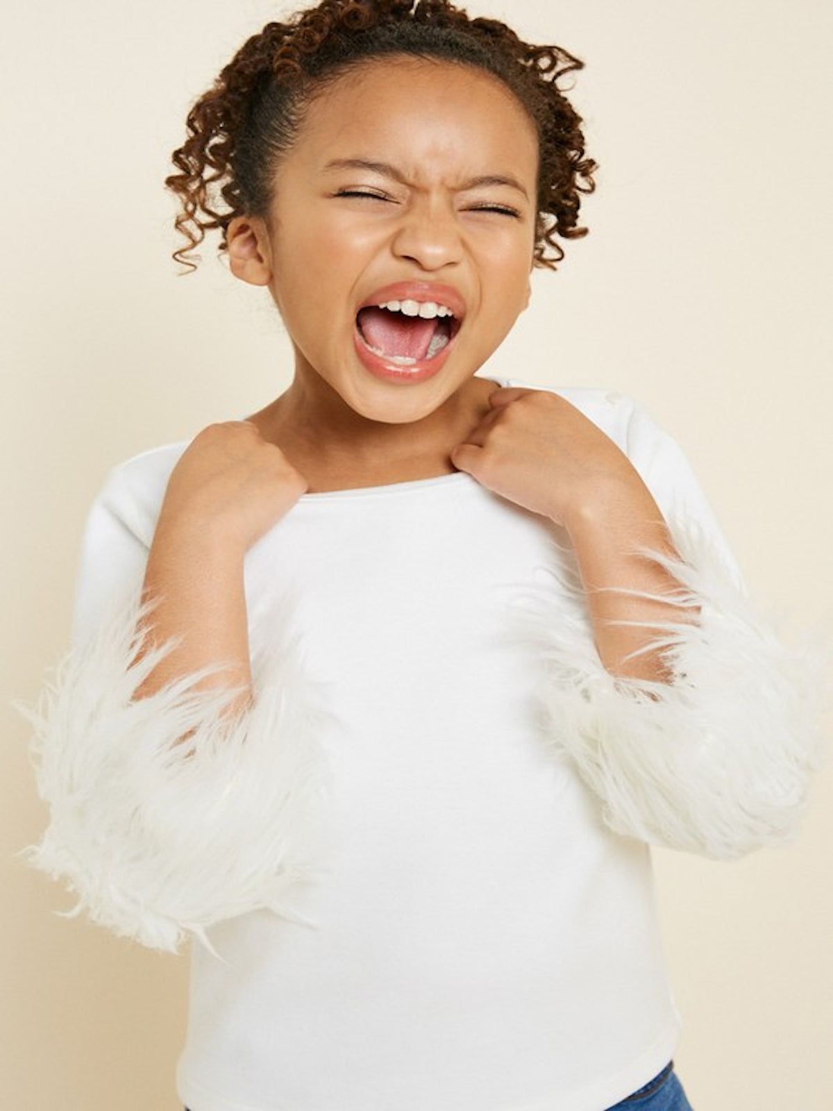 Girls Fur Sleeve Top in Off White