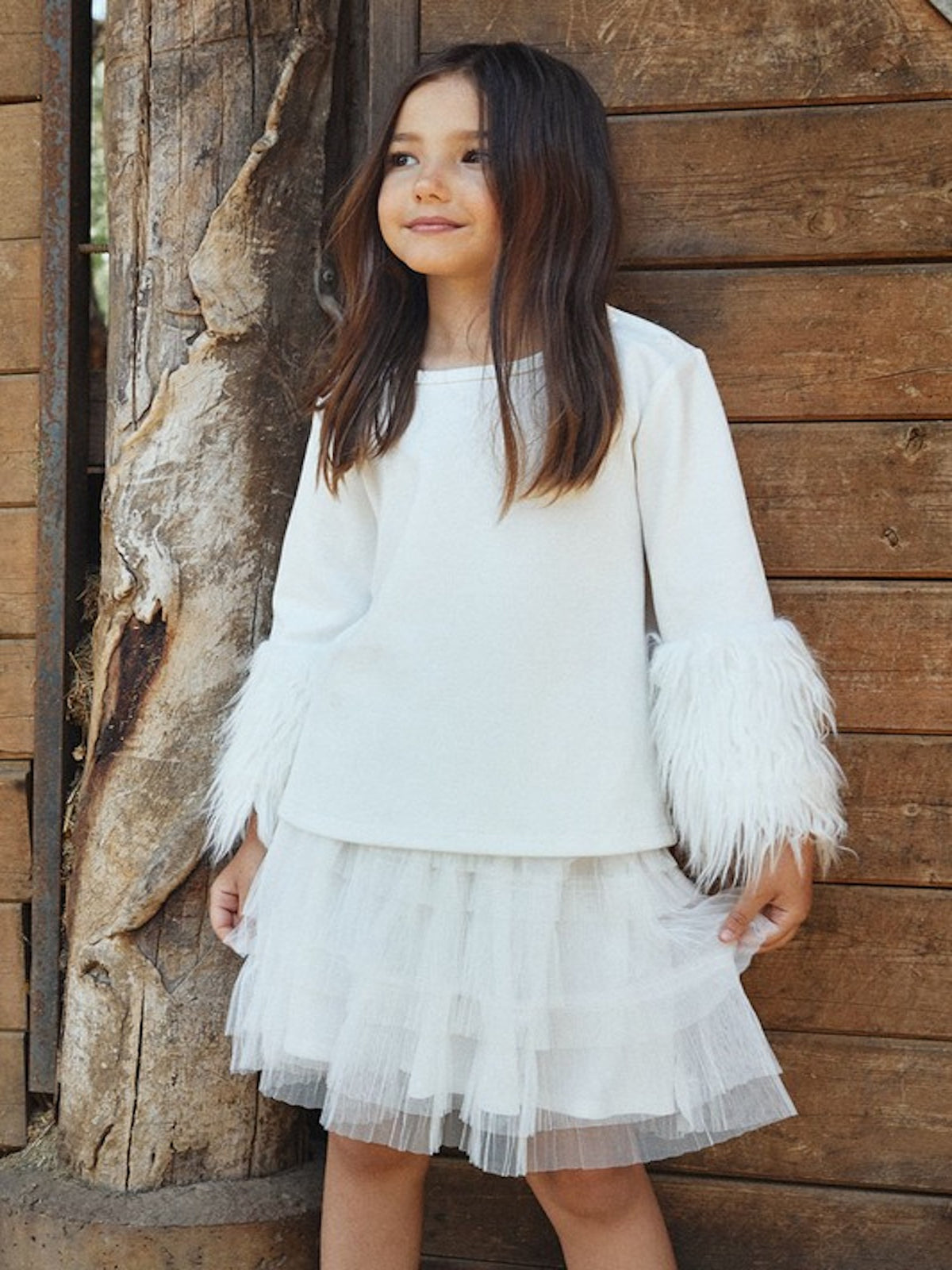 Girls Fur Sleeve Top in Off White