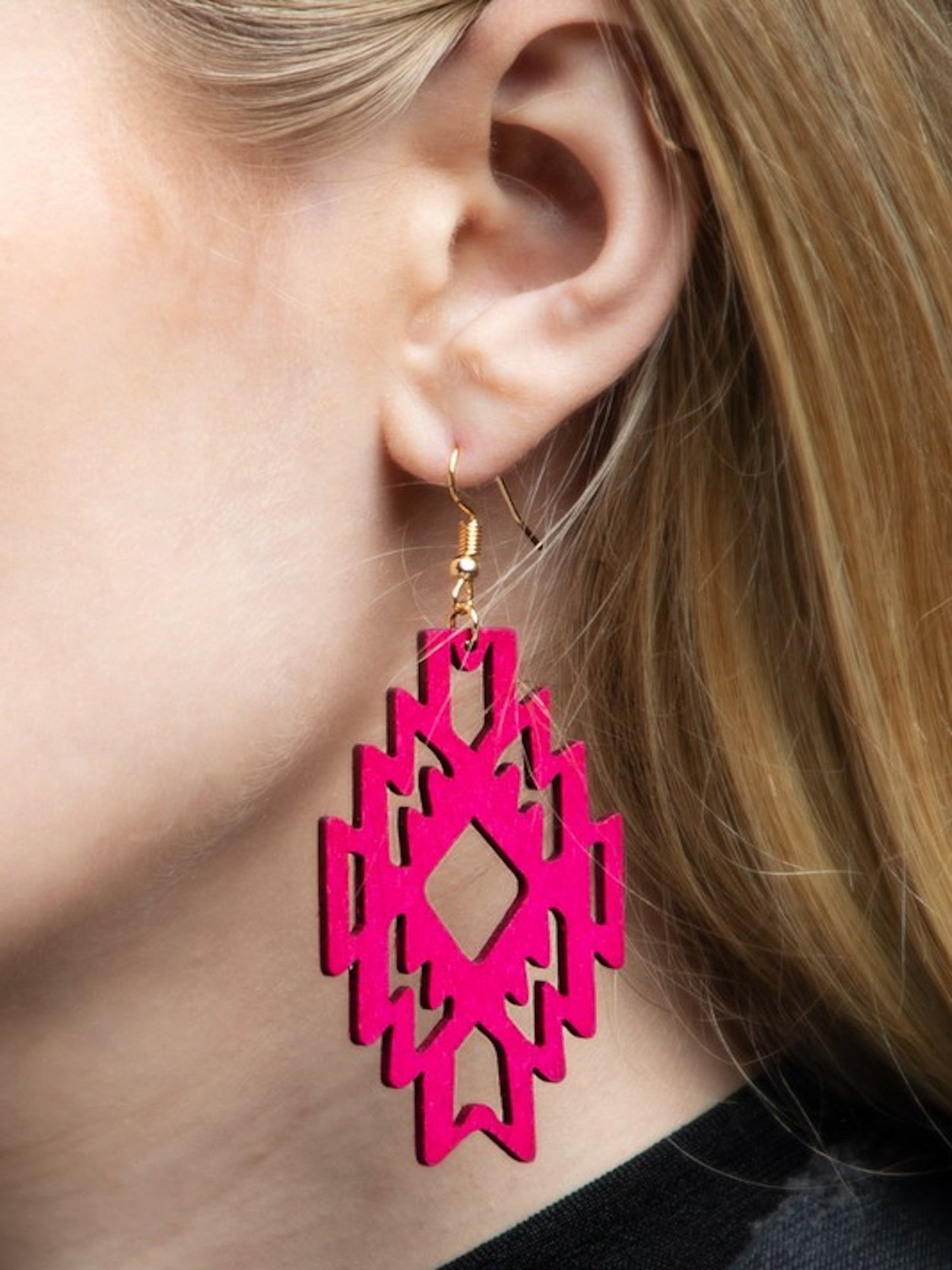 Ethnic Wood Earrings-Fuchsia