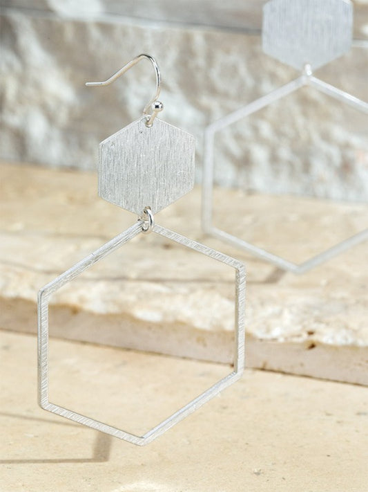 Hexagon Dangle Earrings-Silver