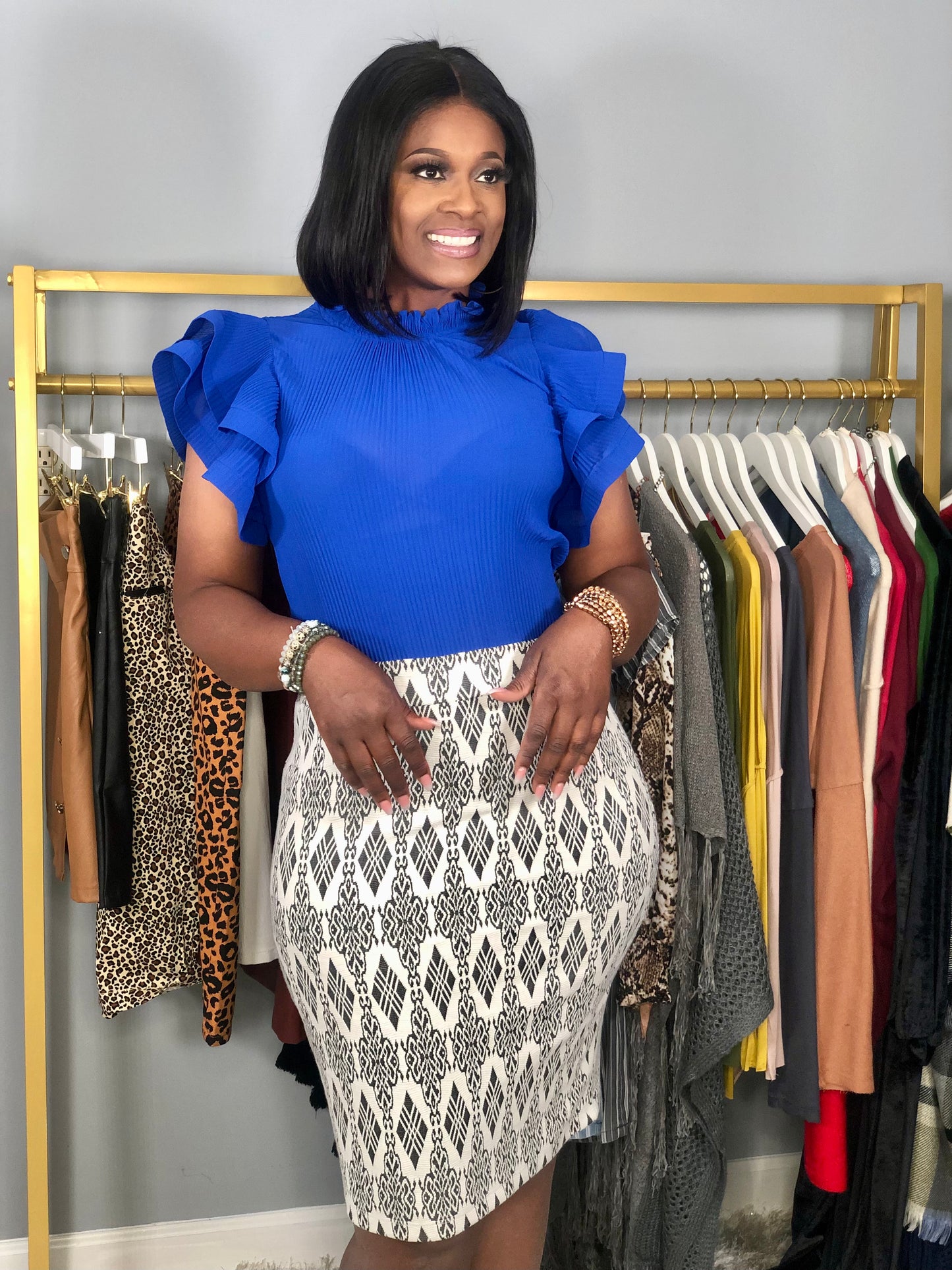 Frilled Pleated Top-Royal Blue