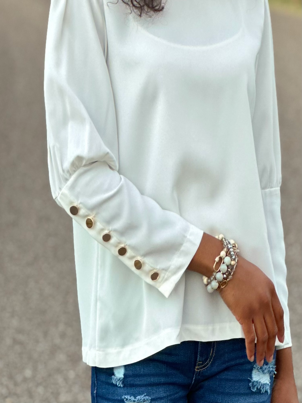 Gold Button Blouse in White