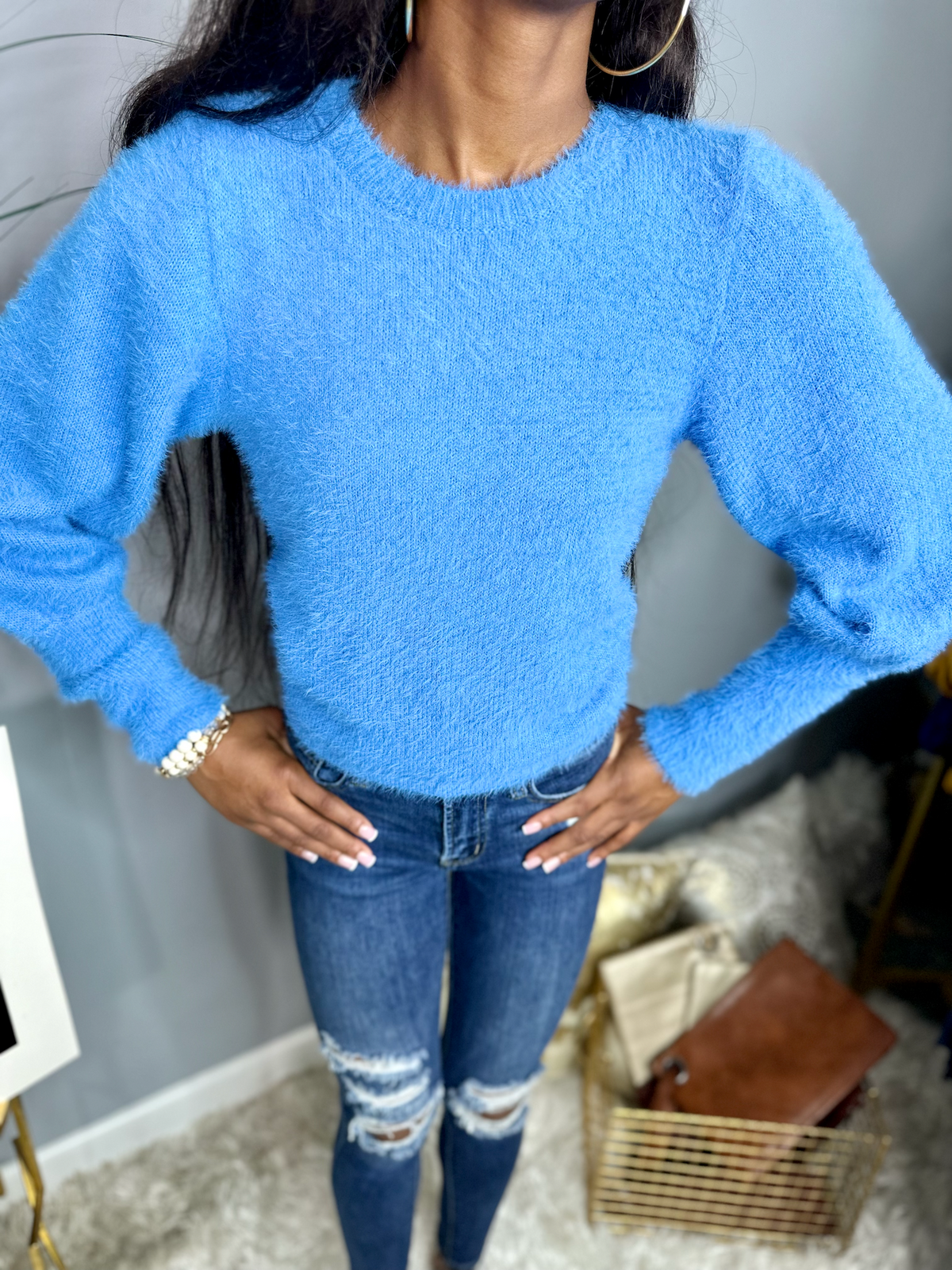 Balloon Sleeve Sweater-Blue
