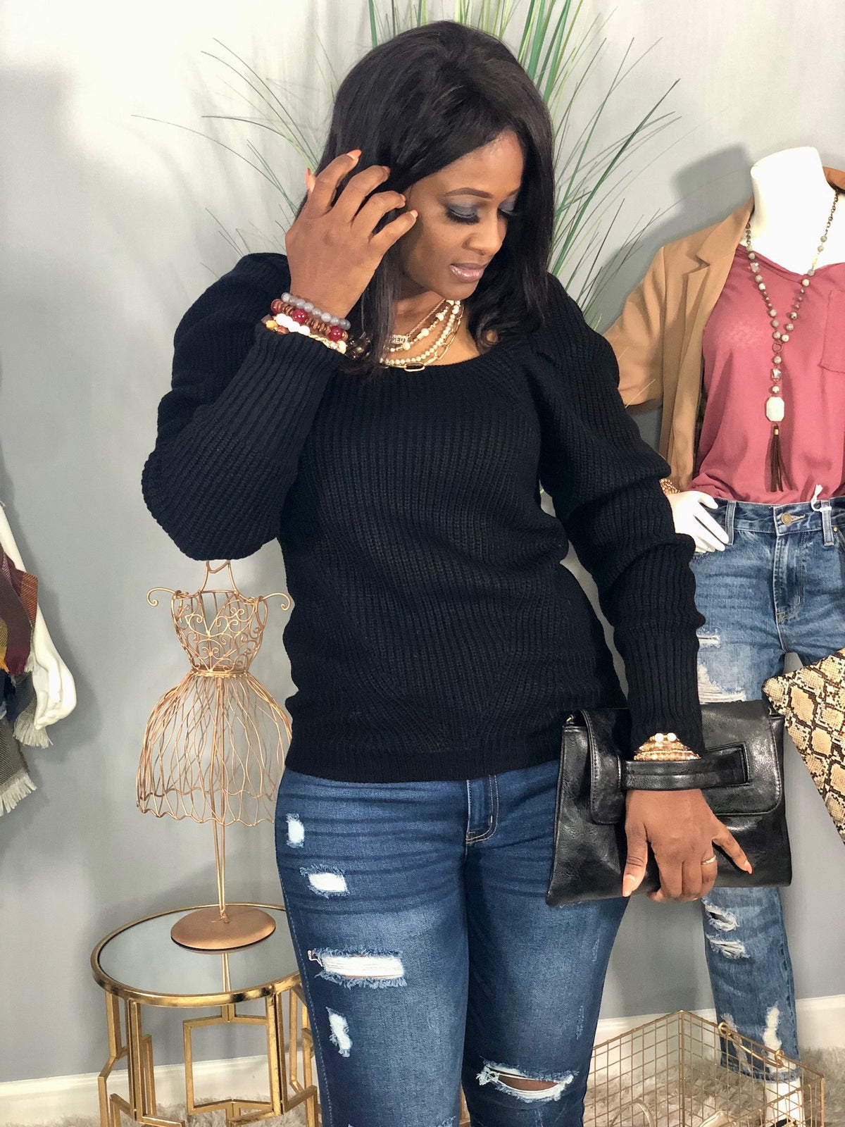 Puff Sleeve Sweater-Black