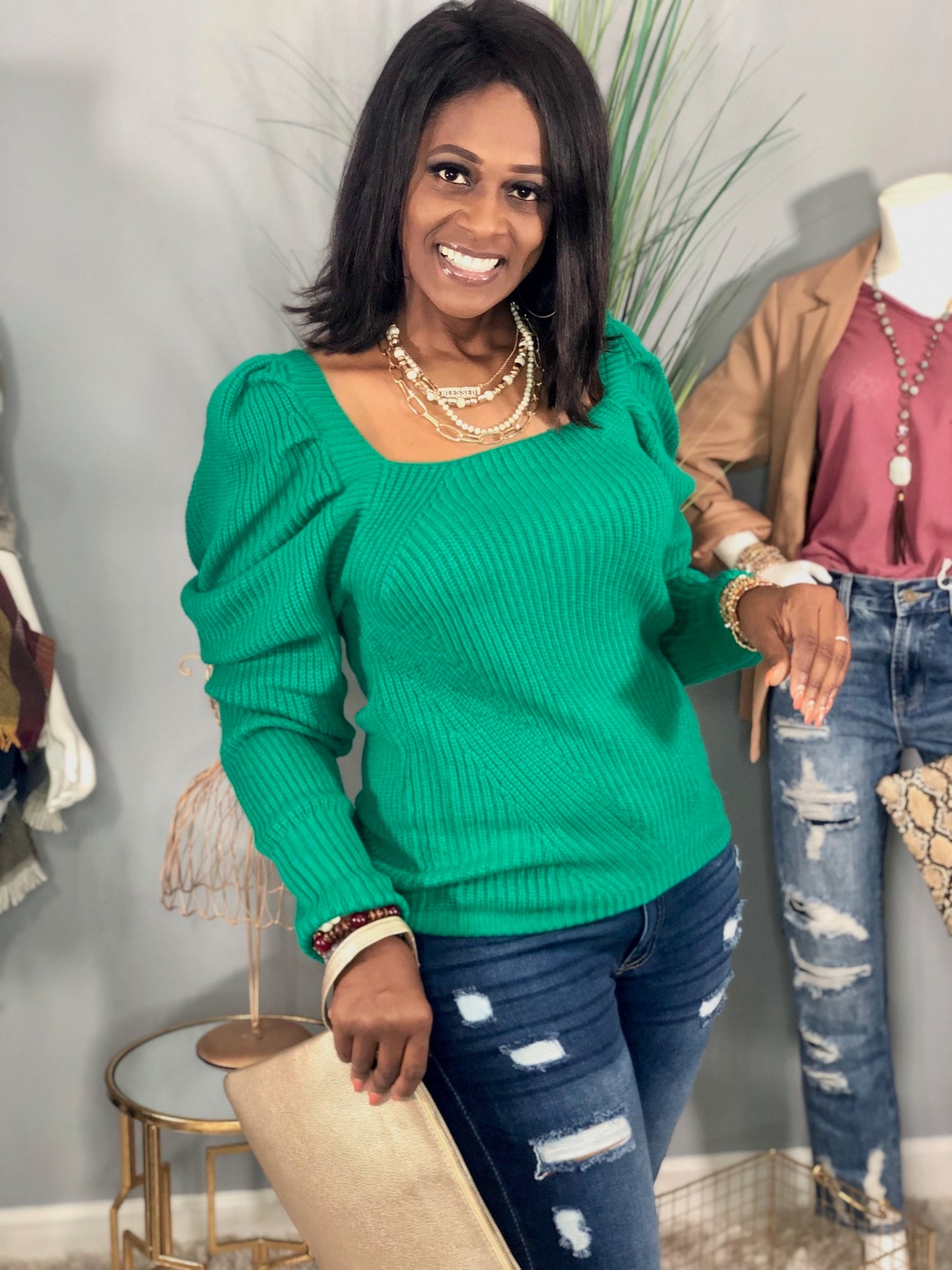 Puff Sleeve Sweater-Kelly Green