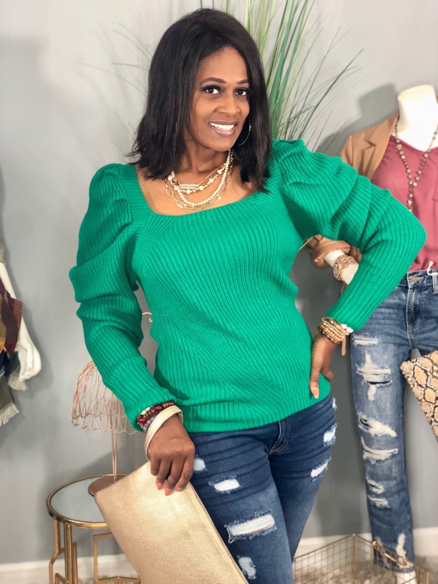 Puff Sleeve Sweater-Kelly Green