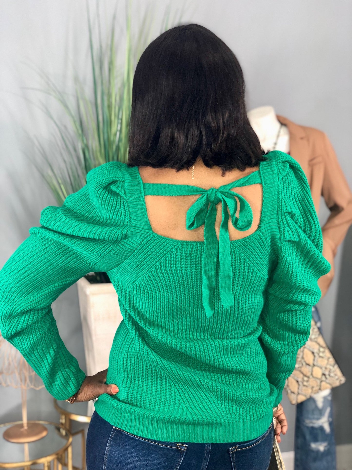 Puff Sleeve Sweater-Kelly Green