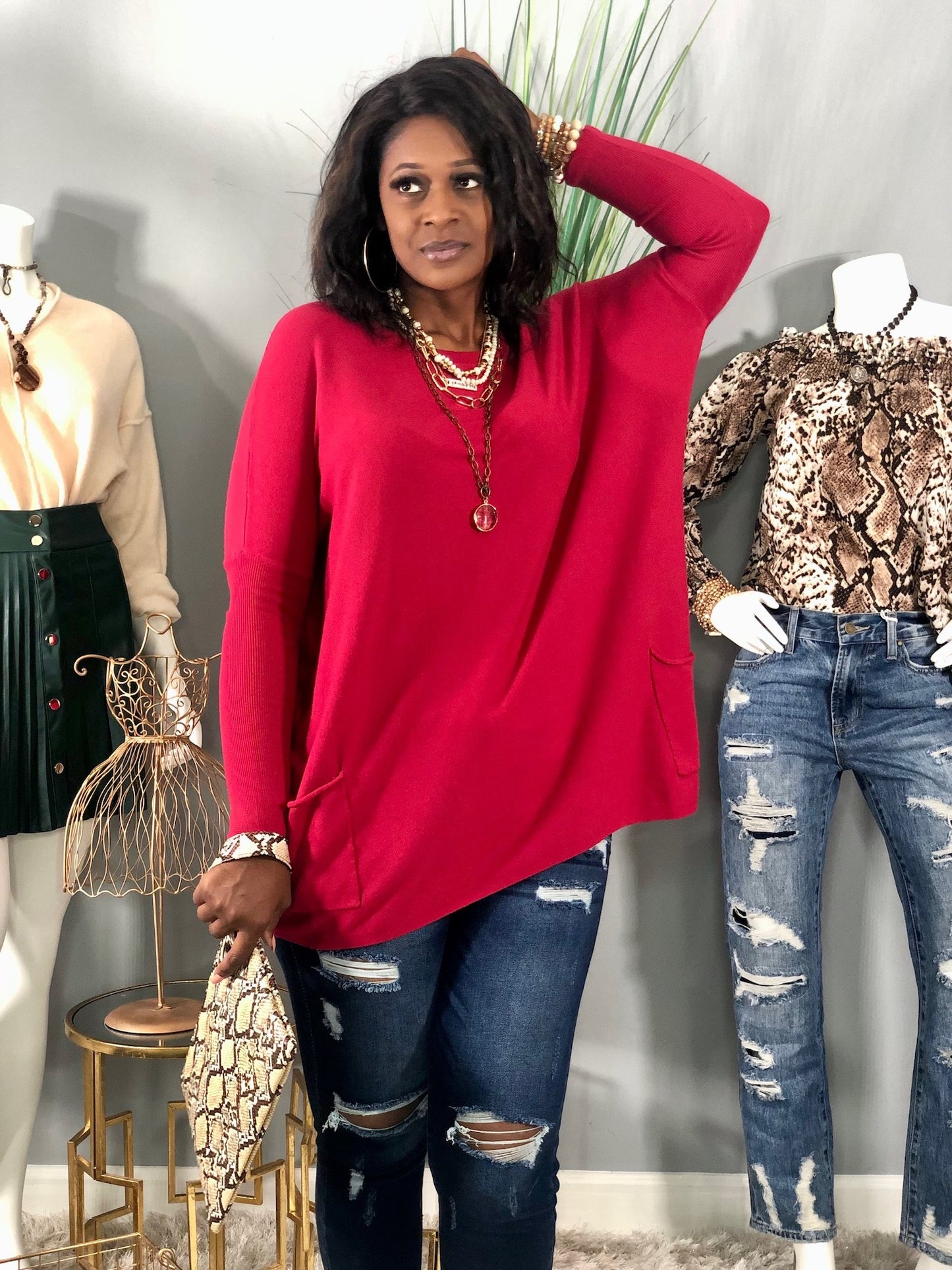 Pocket Dolman Sweater-Garnet