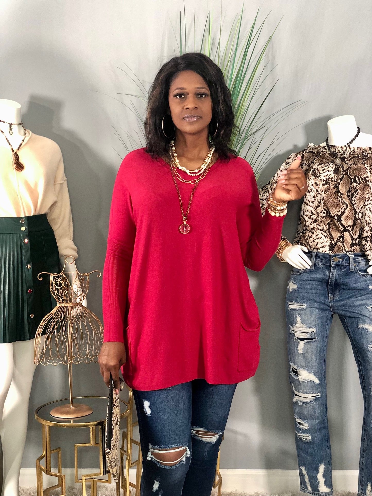 Pocket Dolman Sweater-Garnet