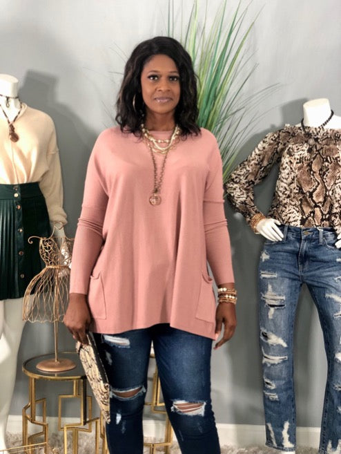 Pocket Dolman Sweater-Dusty Rose
