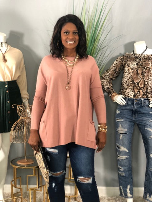 Pocket Dolman Sweater-Dusty Rose