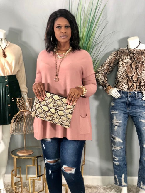 Pocket Dolman Sweater-Dusty Rose