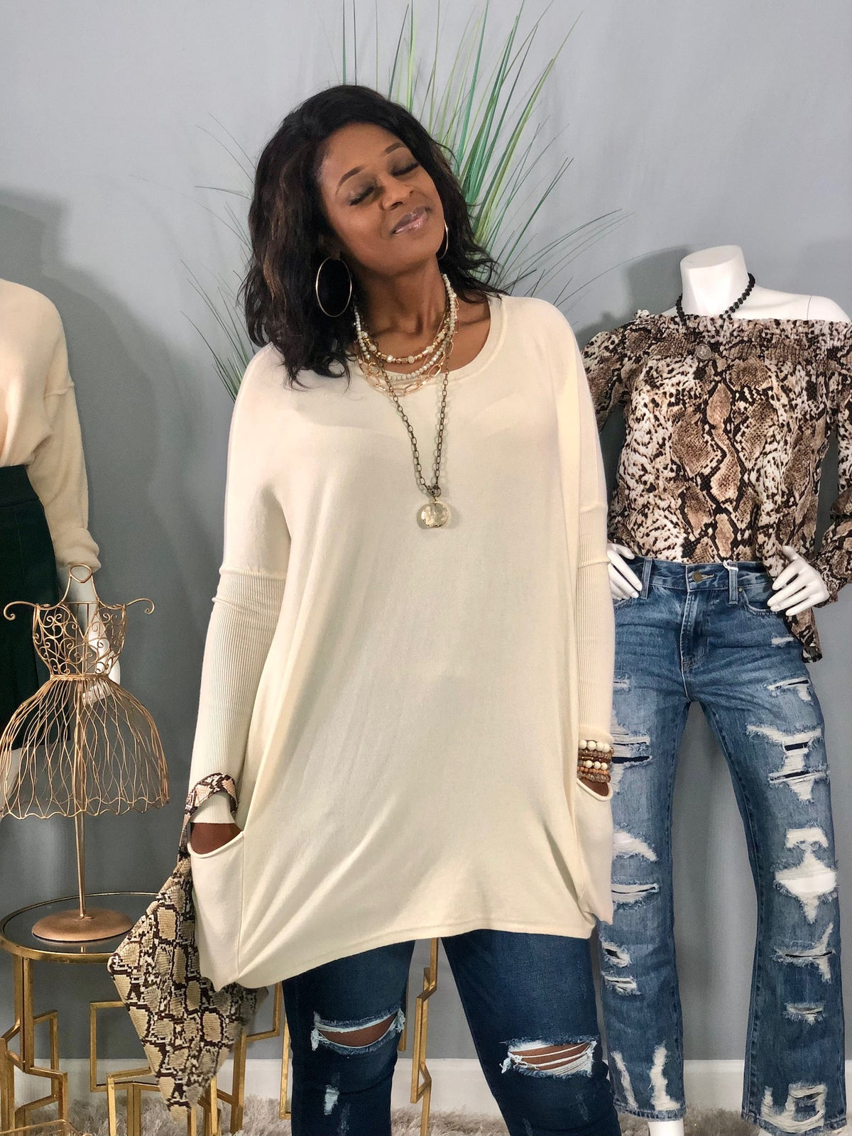 Pocket Dolman Sweater-Ivory