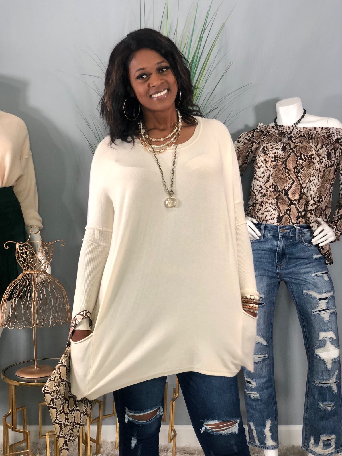 Pocket Dolman Sweater-Ivory