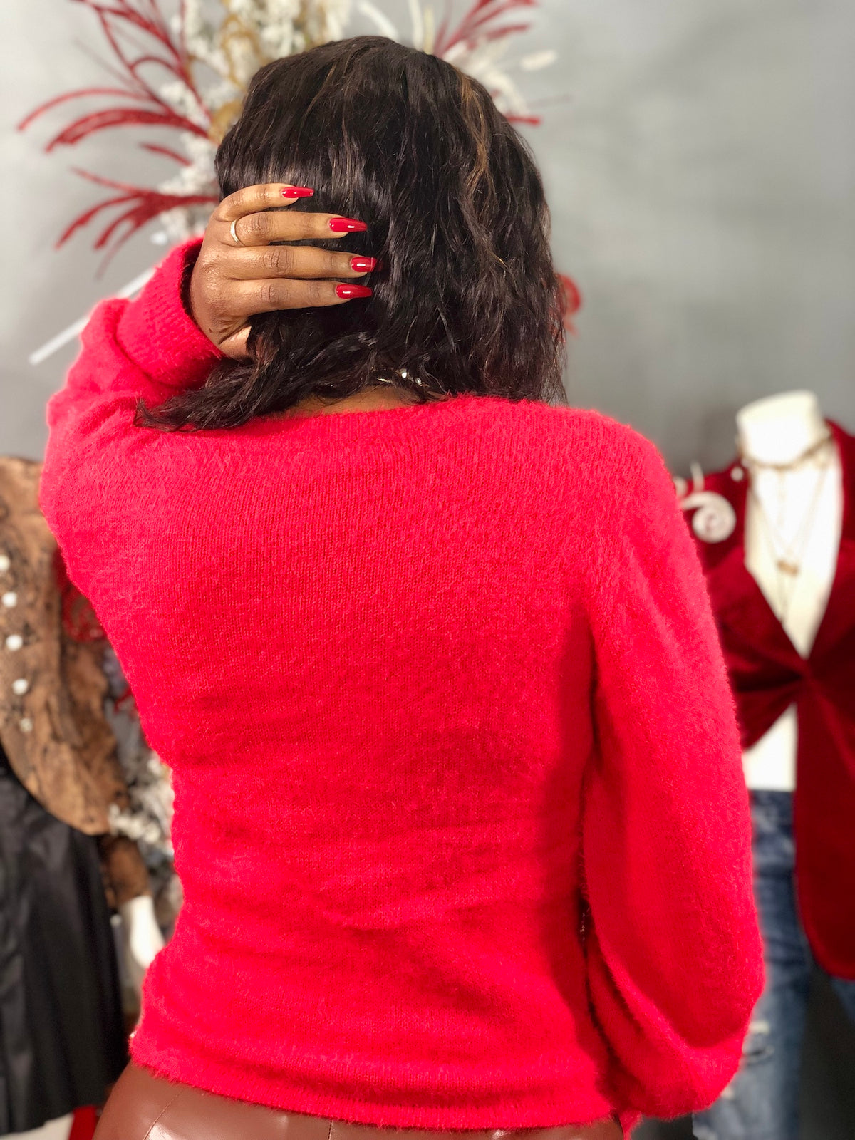 Balloon Sleeve Sweater-Red