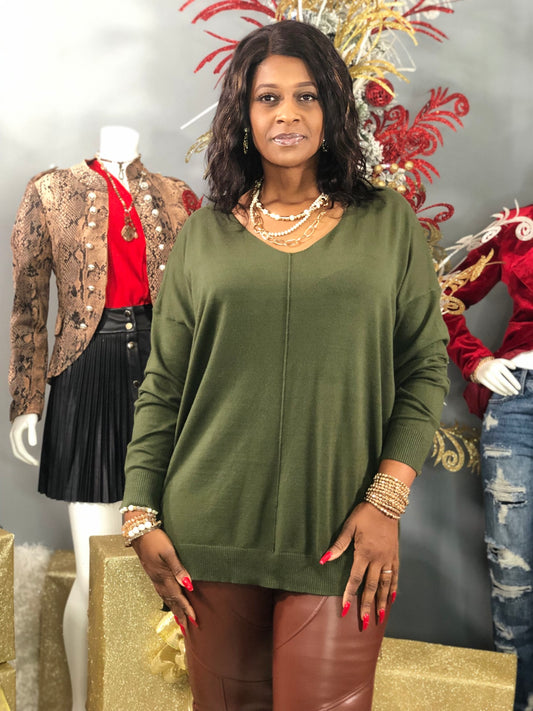 CURVY Girl Knit Sweater-Olive